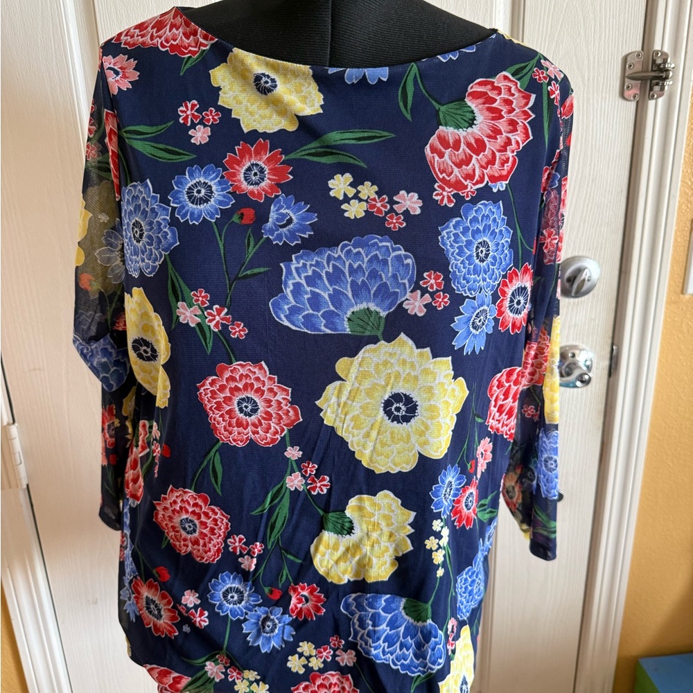 Charter Club Floral Blouse - Navy with Red, Yellow, Blue
